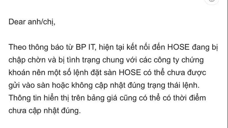 Thông báo của Công ty chứng khoán SSI về tình trạng nghẽn lệnh chiều nay 