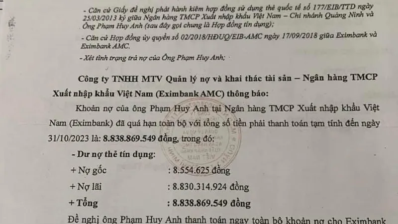 Công văn nhắc nợ quá hạn do Eximbank AMC gửi khách hàng P.A.H. 