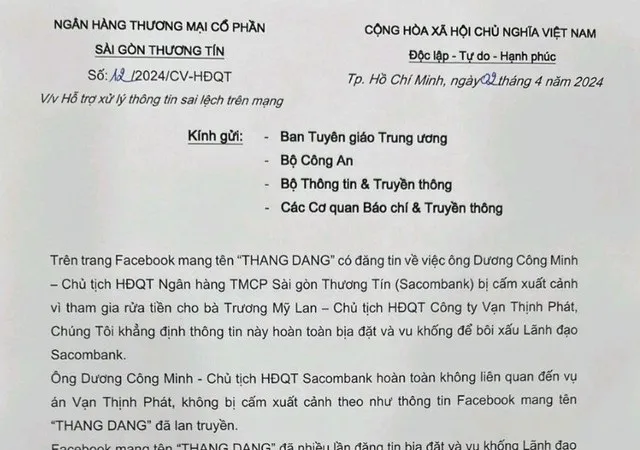Văn bản của Sacombank gửi các cơ quan chức năng về thông tin sai lệch trên mạng 