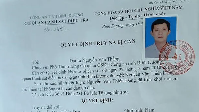 Truy nã nguyên Trưởng phòng Tài nguyên Môi Trường thị xã Dĩ An, tỉnh Bình Dương