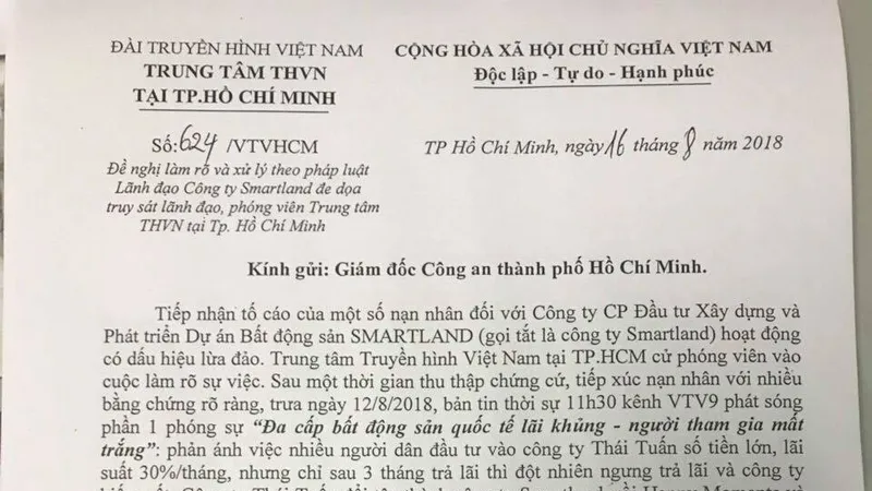 Trung tâm Truyền hình Việt Nam tại TPHCM gửi văn bản lên Công an TPHCM. Ảnh: C.T.