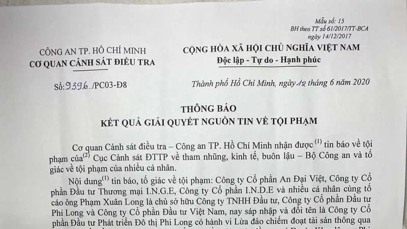Quyết định khởi tố vụ án lừa đảo chiếm đoạt tài sản tại Công ty Cổ phần Đầu tư và Phát triển đô thị Phi Long
