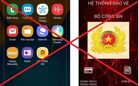 Các đối tượng yêu cầu nạn nhân tải và cài đặt ứng dụng mạo danh phần mềm do Bộ Công an cung cấp có hình ảnh hiển thị là Công an hiệu và mang tên “Bộ Công an”. Ảnh: Bộ Công an 