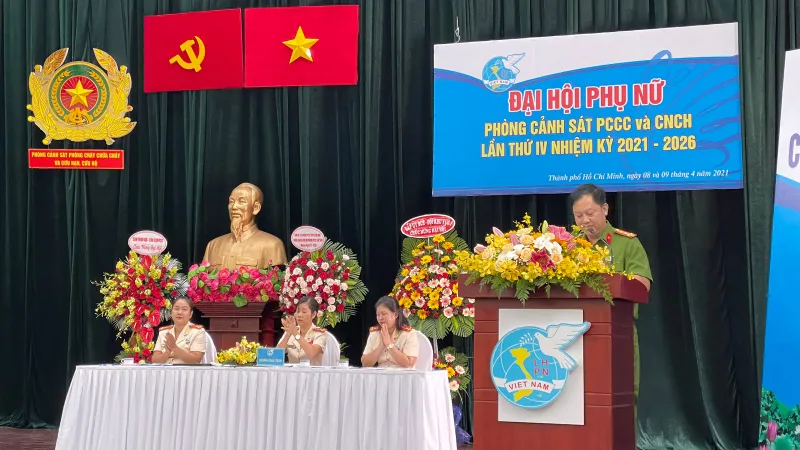 Đại tá Huỳnh Quang Tâm, Trưởng Phòng PC07, Công an TPHCM phát biểu tại đại hội 