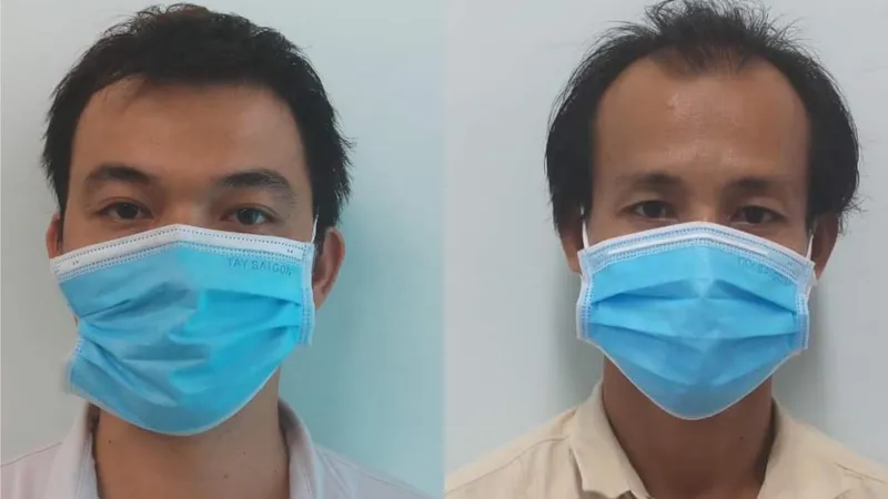 Hai đối tượng là Toàn - Nguyên (từ trái qua phải) tại cơ quan công an. Ảnh: CHÍ THẠCH 