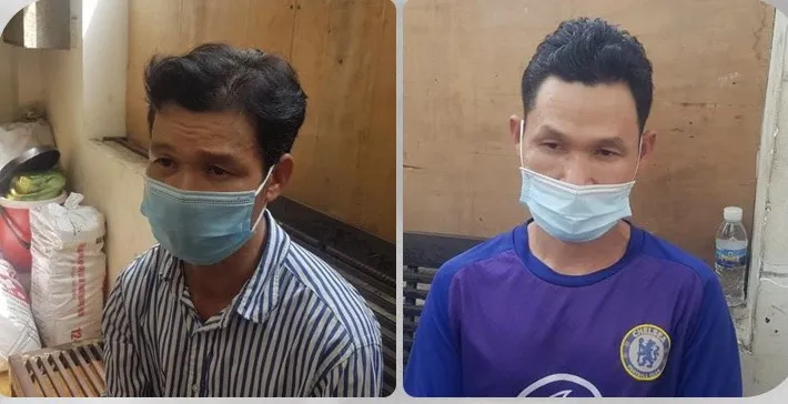 Vũ và Can (từ trái qua phải) tại cơ quan công an. Ảnh: C.T