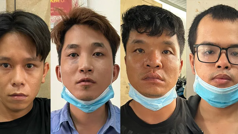 Nhóm đối tượng tại cơ quan công an. Ảnh: CHÍ THẠCH 
