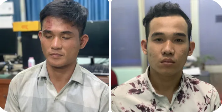 Đối tượng Công và Bảo (từ trái qua phải) tại cơ quan Công an. Ảnh: CHÍ THẠCH 