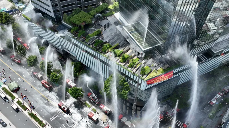 Gần 10.000 người tham gia diễn tập chữa cháy ở tòa nhà Saigon Centre. Ảnh: HOÀNG HÙNG