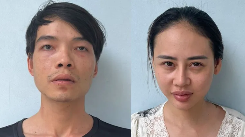 Nguyễn Văn Tuyến và Đoàn Nguyễn Ngọc Thương (bạn gái Tuyến, nữ DJ) từ trái qua phải tại cơ quan công an