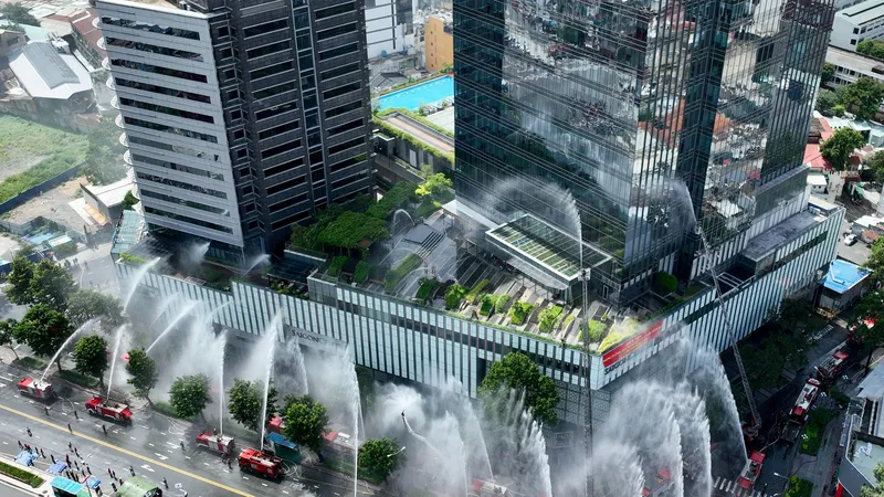 Lực lượng PCCC TPHCM diễn tập tại tòa nhà chữa cháy ở tòa nhà Saigon Centre. Ảnh: HOÀNG HÙNG