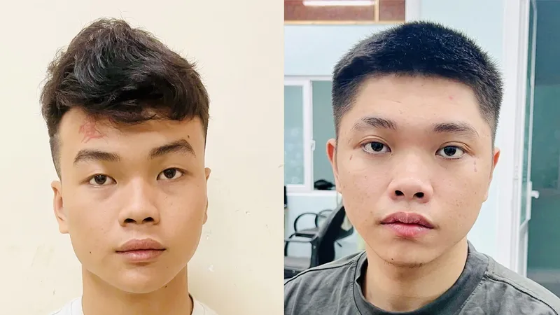 Hai đối tượng gồm: Tỷ - Bảo (từ trái qua phải) tại công an
