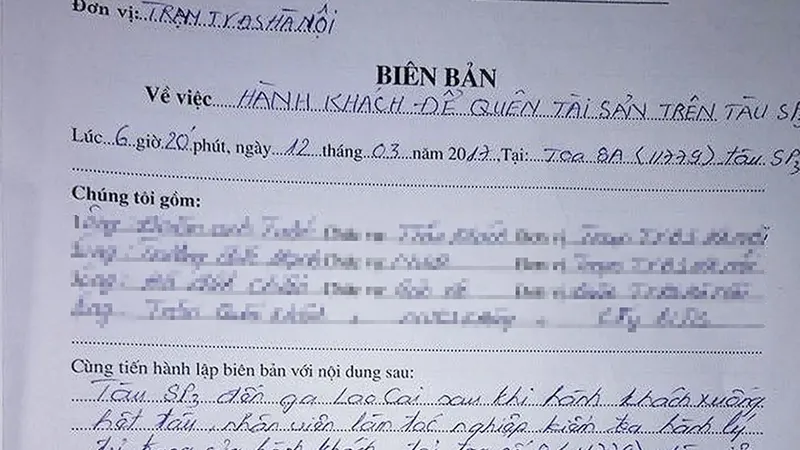 Biên bản bàn giao tài sản bỏ quên trên toa tàu ngày 12-3