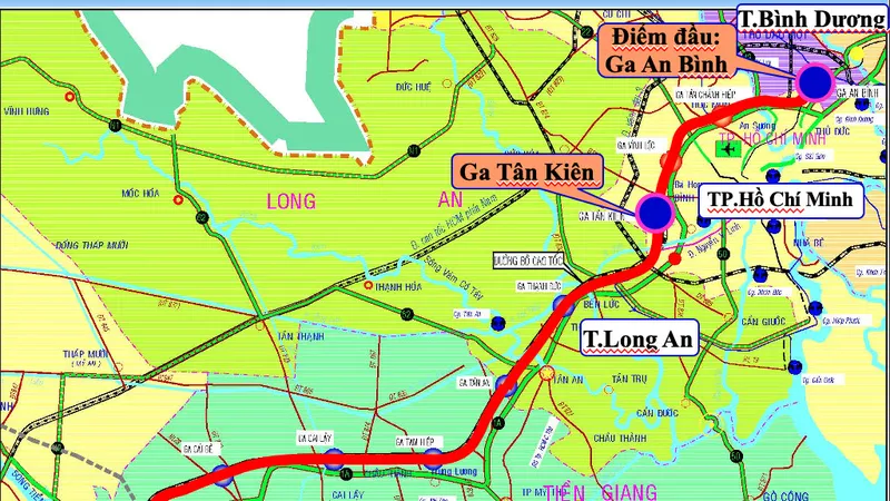 Sơ đồ hướng tuyến đường sắt TPHCM - Cần Thơ