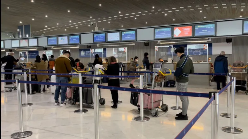 Hành khách làm thủ tục tại sân bay Charles de Gaulle (Paris, Pháp)