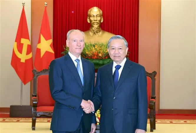 Tổng Bí thư Tô Lâm tiếp Trợ lý Tổng thống Nga, Chủ tịch Hội đồng Biển Liên bang Nga Nikolai Patrusev. Ảnh: TTXVN