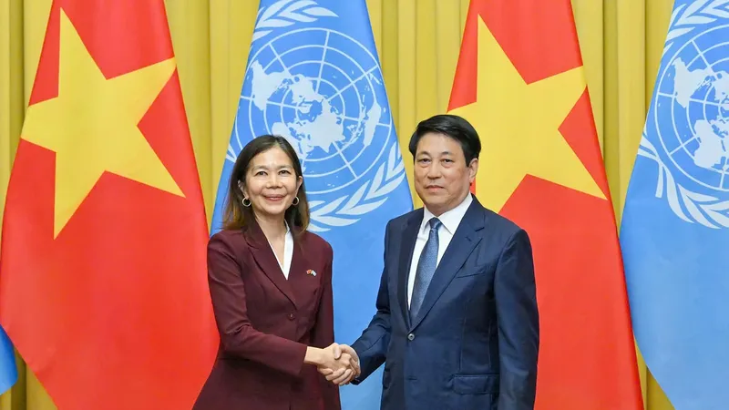 Chủ tịch nước Lương Cường tiếp bà Pauline Tamesis, Điều phối viên thường trú và các Trưởng đại diện các tổ chức của Liên hợp quốc tại Việt Nam, chiều 18-9. Ảnh: VIẾT CHUNG