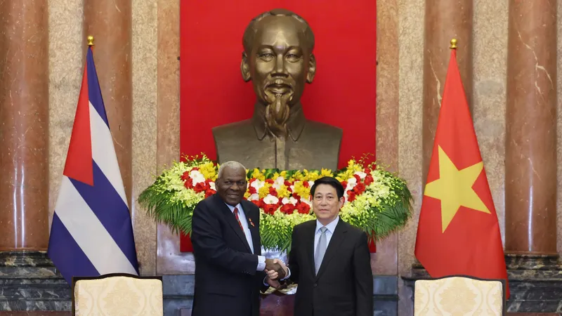 Chủ tịch nước Lương Cường và Chủ tịch Quốc hội Chính quyền nhân dân và Hội đồng Nhà nước Cuba Esteban Lazo Hernández. Ảnh: VIẾT CHUNG