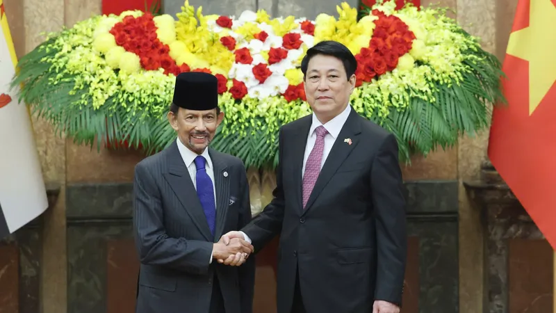 Chủ tịch nước Lương Cường đón tiếp Ngài Haji Hassanal Bolkiah, Quốc vương Brunei. Ảnh: QUANG PHÚC.