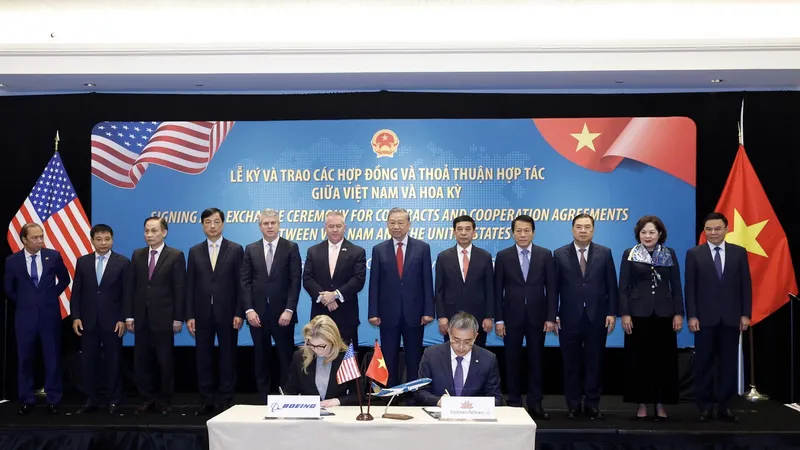 Hãng Hàng không Quốc gia Việt Nam ký kết mua 50 máy bay thân hẹp Boeing 737-8 tại Washington, D.C. (Hoa Kỳ), dưới sự chứng kiến của Tổng Bí thư Tô Lâm và đoàn đại biểu cấp cao