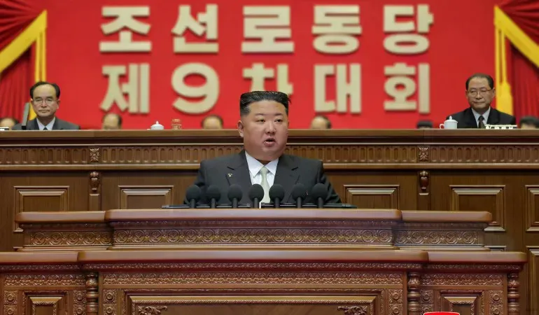 Tổng Bí thư, Chủ tịch Quốc vụ Triều Tiên Kim Jong Un phát biểu tại Đại hội đại biểu toàn quốc lần thứ IX Đảng Lao động Triều Tiên. Ảnh: KCNA