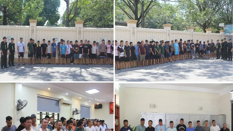 Các đối tượng đá gà bị công an tạm giữ. Ảnh: CÔNG AN THANH HÓA