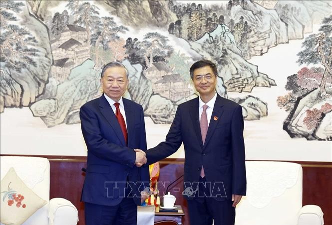 总书记、国家主席苏林会见中国党中央委员、广西壮族自治区党委书记陈刚。图：统一/越通社