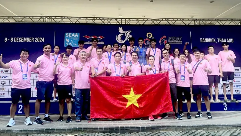 Đội hình bơi trẻ Việt Nam vừa dự giải các nhóm tuổi Đông Nam Á 2024 tại Thái Lan có nhiều VĐV đạt kết quả tốt. Ảnh: LÊ THANH