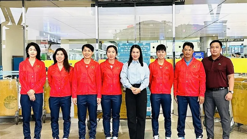Nguyễn Thị Thật và đồng đội sang Thái Lan sẵn sàng làm quen lộ trình thi đấu trước tranh tài SEA Games 33-2025. Ảnh: VCF