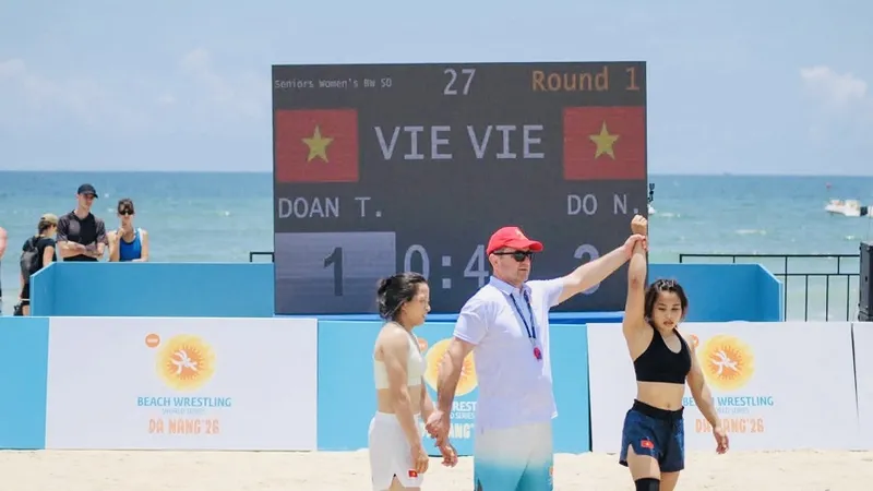 Tuyển thủ Việt Nam đã thi đấu xuất sắc tại giải vật bãi biển thế giới 2026 ở Đà Nẵng. Ảnh: Liên đoàn vật Việt Nam