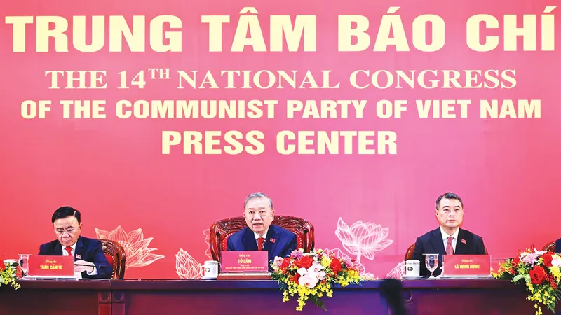 Tổng Bí thư Tô Lâm chủ trì họp báo công bố kết quả Đại hội XIV của Đảng. Ảnh: TTXVN