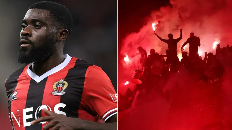 Cầu thủ Jeremie Boga của Nice bị tấn công bên ngoài sân cỏ bởi hội cổ động viên Ultras. Ảnh: The Sun