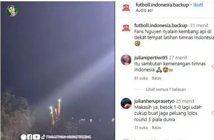 Hình ảnh bắn pháo hoa ở gần khách sạn đội tuyển Indonesia lưu trú được truyền thông Indonesia đăng tải vào ngày 23-3