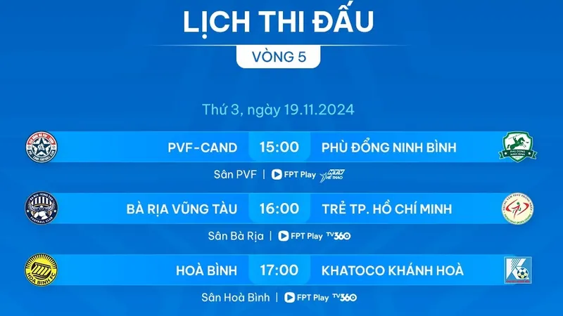 Lịch thi đấu vòng 5 giải hạng Nhất 2024-2025