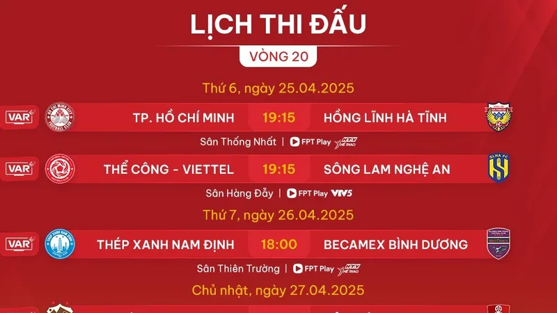 Lịch thi đấu vòng 20 LP Bank V-League 2024-2025