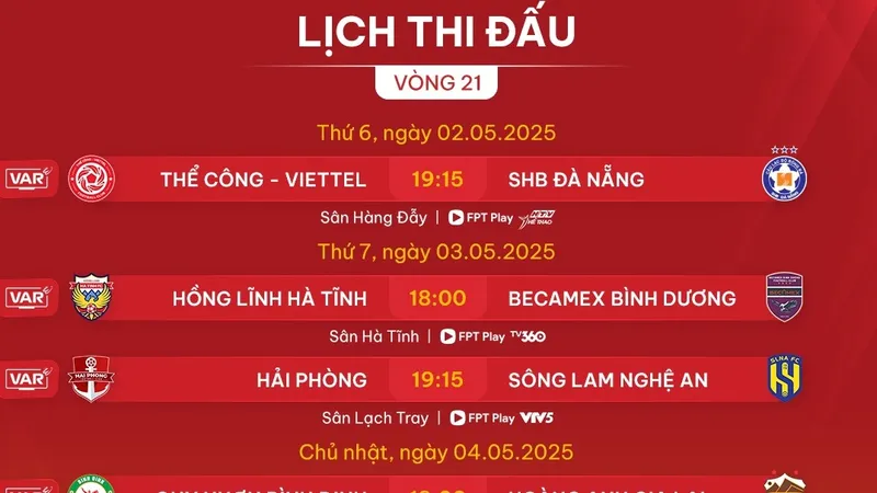 Lịch thi đấu vòng 21 LP Bank V-League 2024-2025