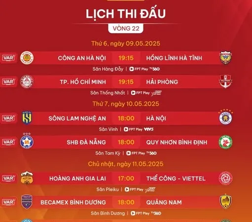 Lịch thi đấu vòng 22 V-League 2024-2025