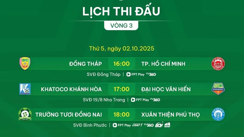 Lịch thi đấu vòng 3 giải hạng Nhất 2025-2026