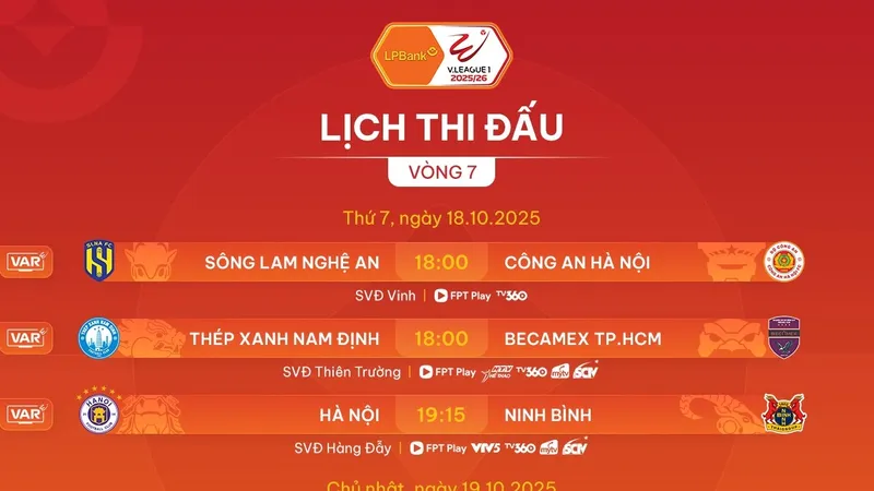 Lịch thi đấu vòng 7 V-League 2025-2026