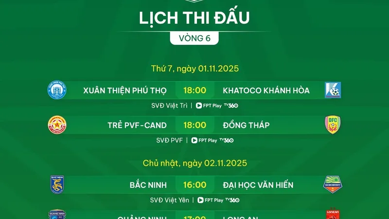 Lịch thi đấu vòng 6 giải hạng Nhất 2025-2026