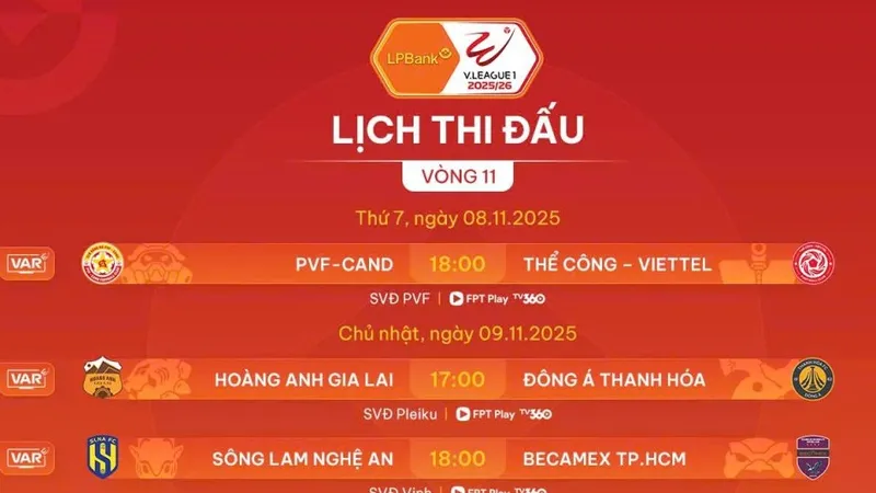 Lịch thi đấu vòng 11 V-League 2025-2026