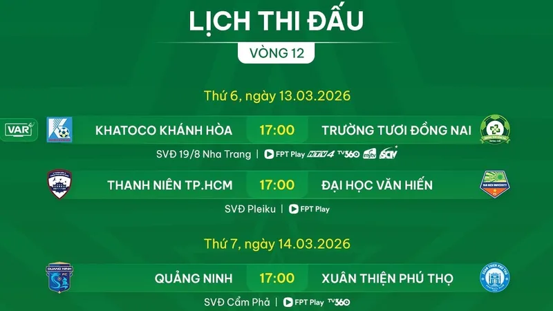 Lịch thi đấu vòng 12 giải hạng Nhất 2025-2026