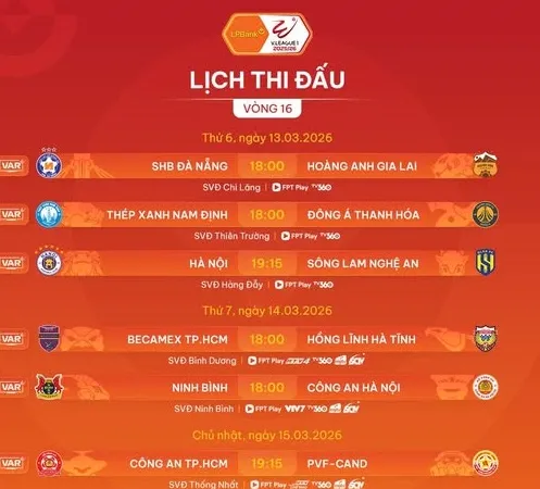 Lịch thi đấu vòng 16 V-League 2025-2026
