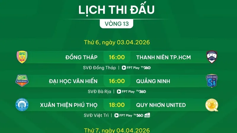 Lịch thi đấu vòng 13 giải hạng Nhất 2025-2026