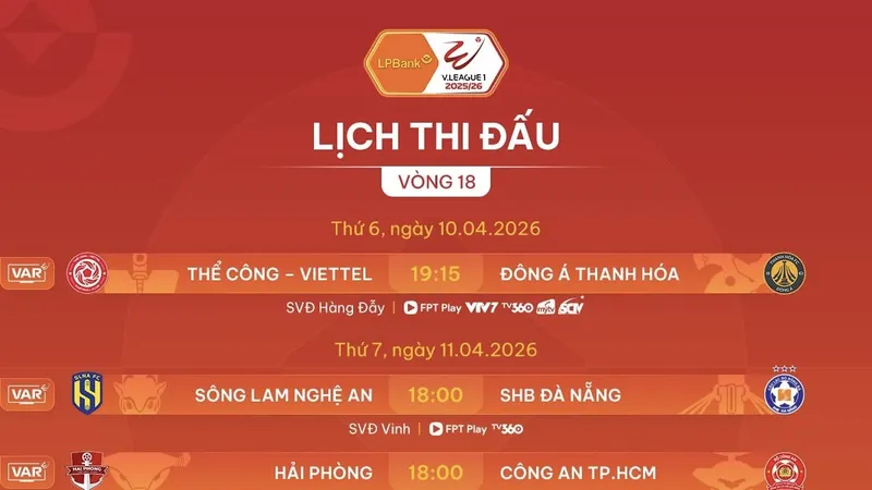 Lịch thi đấu vòng 18 V-League 2025-2026