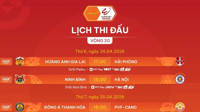 Lịch thi đấu vòng 20 LPBank V-League 2025-2026