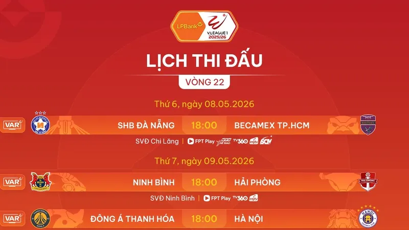 Lịch thi đấu vòng 22 V-League 2025-2026