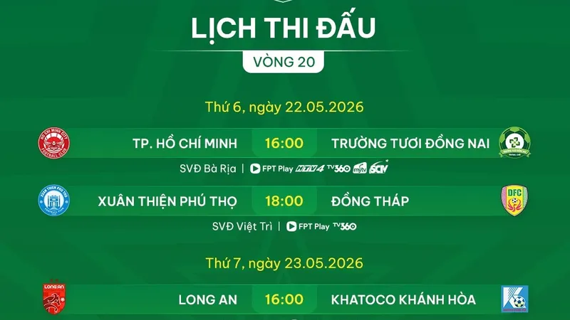 Lịch thi đấu vòng 20 giải hạng Nhất 2025-2026