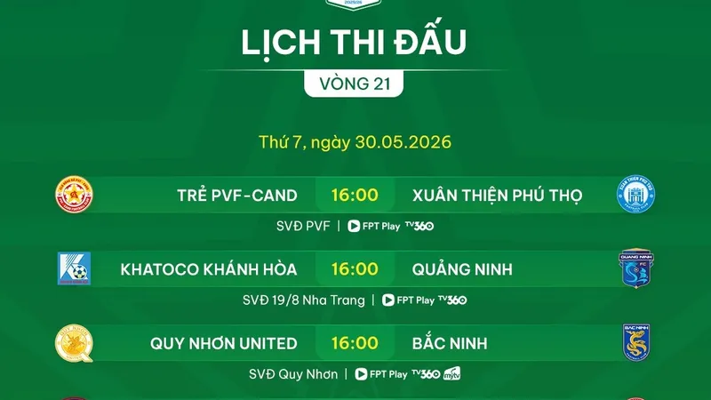 Lịch thi đấu vòng 21 giải hạng Nhất 2025-2026
