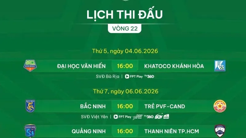 Lịch thi đấu vòng 22 giải hạng Nhất quốc gia 2025-2026